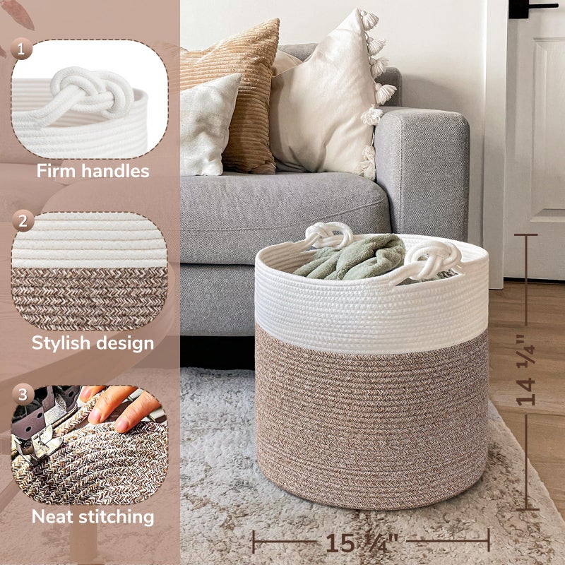 Goodpick Woven Laundry Basket, 15 x 14.2 Inches Cotton Rope Basket for Blankets, Soft Blanket Storage Baskets with Handles for Living Room, Woven Toy Storage Organizer for Nursery, Brown - Image 3